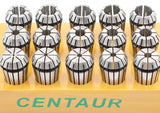 Precision ER sealed collet sets displayed on a wooden base, designed for coolant through applications. High-grade spring steel.