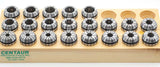 Centaur ER Sealed Internal Coolant Collet Sets displayed on a wooden holder, showcasing precision-engineered machining tools.